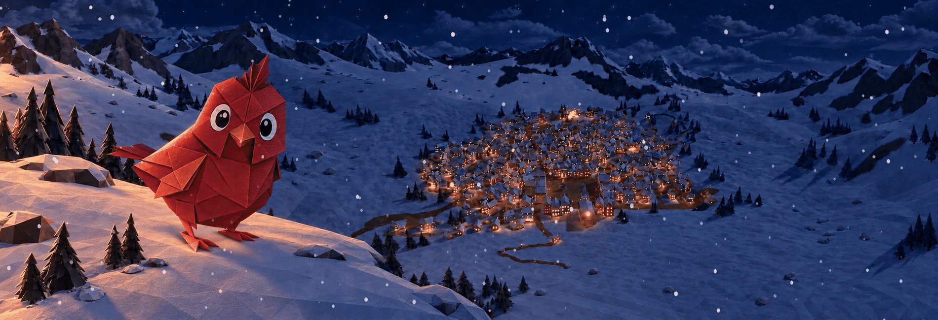 Origami cardinal on a snowy hill above a glowing village under the moon